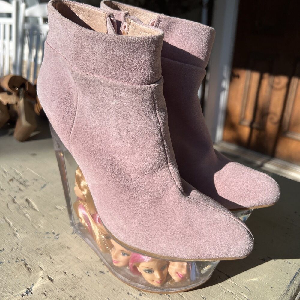 Jeffrey Campbell Icy Barbie Doll Head Ankle Boots Size 10 Pink Suede